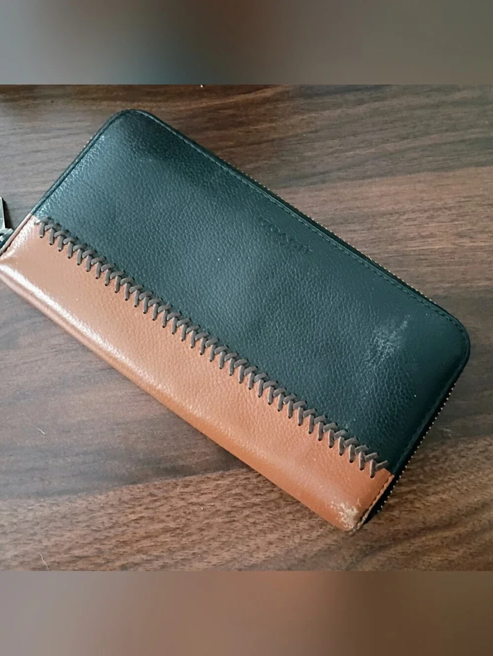 COACH Rip & Repair Accordion Zip Wallet - Black & Saddle Leather